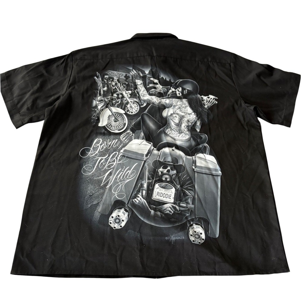 Ride Or Die Biker Work Shirt Mens L Black Motorcycle Garage Graphic Button Down